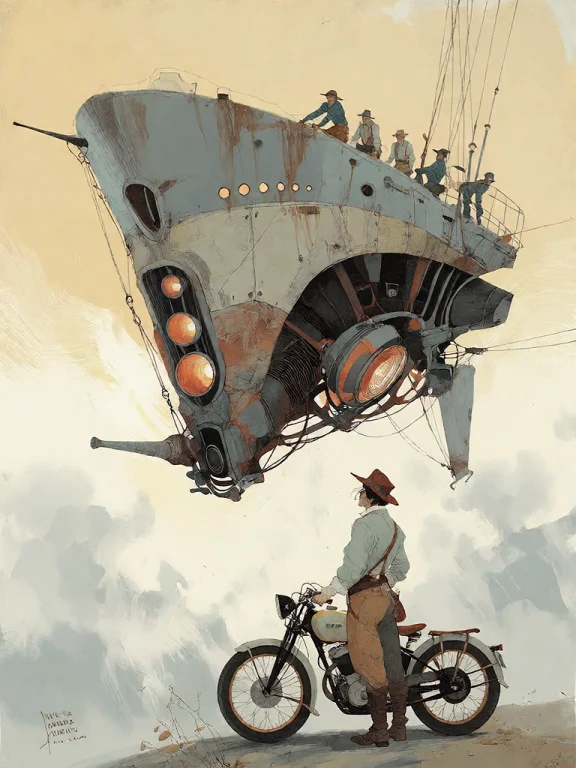 Bradhamel Art Style. A Massive, Weathered, Floating Mechanic...