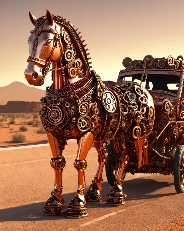 A Clockwork Horse Made Of Copper Gears, Towing A Broken-down...