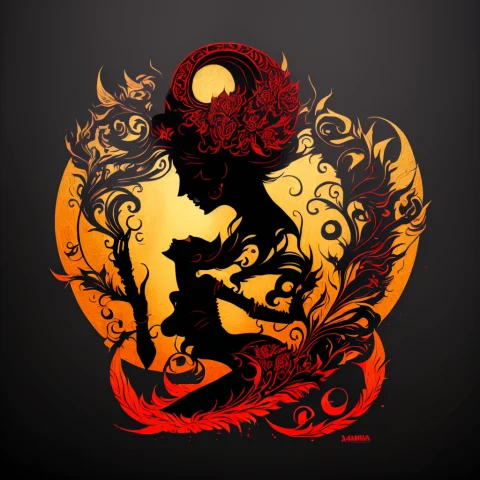 Kamasutra On A Black Background1.2 As A T-shirt Logo In The... — Stable Diffusion AI Prompt: kamasutra (on a black background:1.2) as a t-shirt logo in the style of art