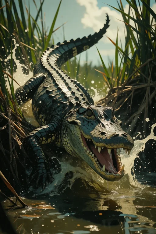 Nature, An American Alligator Lunging Through Tannin-dark Wa...