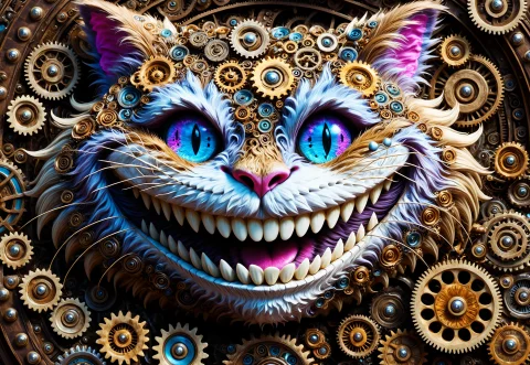Masterpiece, Best Quality, Amazing Quality, One Cheshire Cat... — SDXL AI Prompt: masterpiece, best quality, amazing quality, one cheshire cat made of roast gears...