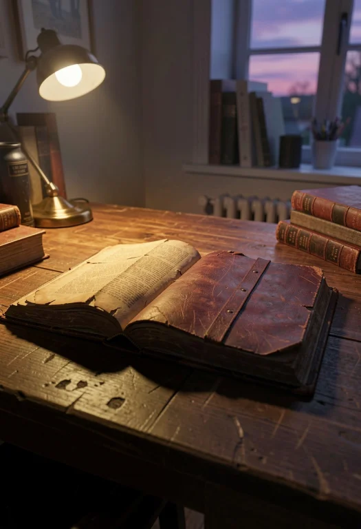 A Worn Leather-bound Book Left Open On A Desk, Physically Ba...