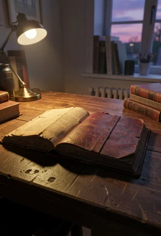 A Worn Leather-bound Book Left Open On A Desk, Physically Ba... — Stable Diffusion AI Prompt: a worn leather-bound book left open on a desk, physically based render, twilight...
