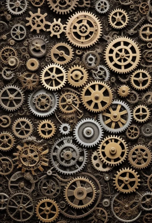 A Dense Arrangement Of Interlocking Cogs Of Various Sizes. M...