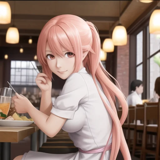 Restaurant, Talbe With Multiple Dishes, Anime Girl Sitting I...