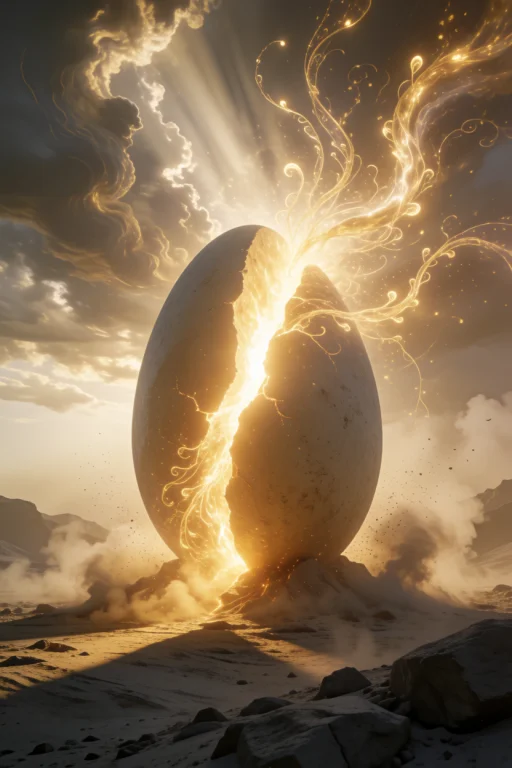 A Monumental, Smooth Stone Egg Standing Vertically In A Barr...
