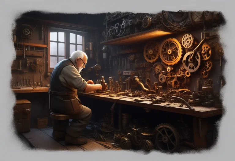 A Cinematic, Highly Detailed Workshop Scene. An Elderly Huma...