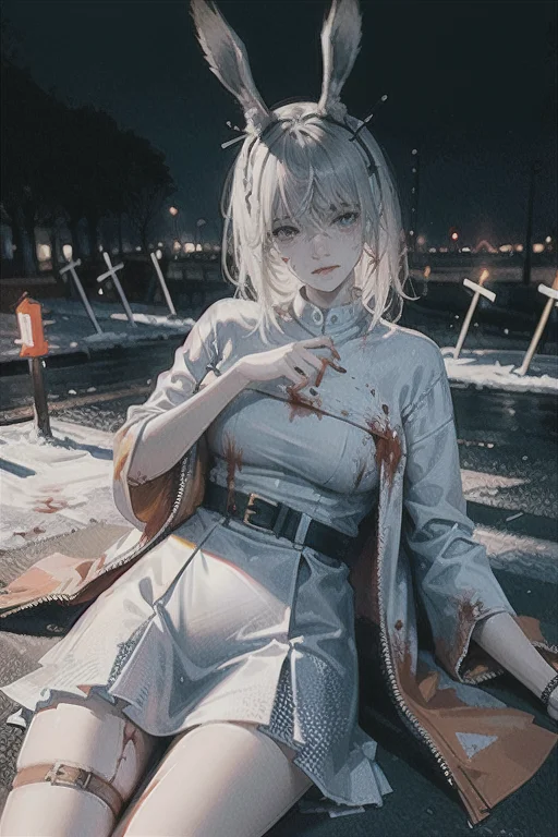 Snow, Night, White Hair, Rabbit Ears, Jewelry, Blood On Face...