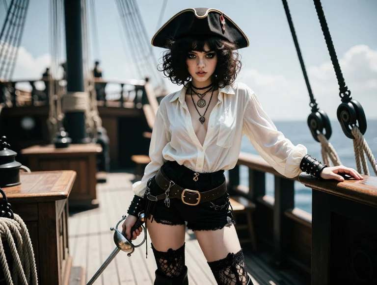 Klun4ksc, 1girl, Pirate, Thighhighs, Solo, Hat, Boots, Open...