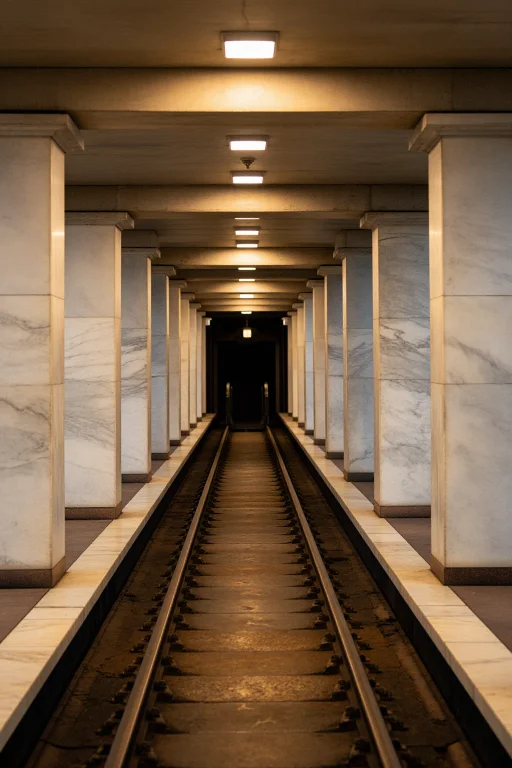 A Metro Station With Symmetrical Marble Columns And Two Trac...