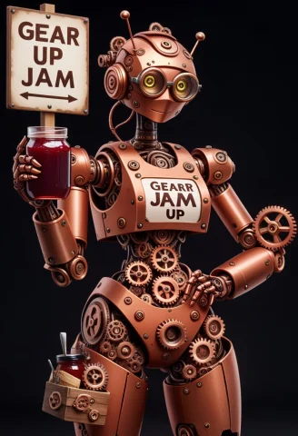A Female Robot Tinkerer Made Of Copper And Gears, Holding Ja... — SDXL AI Prompt: a female robot tinkerer made of copper and gears, holding jar of jam, tinkered g...