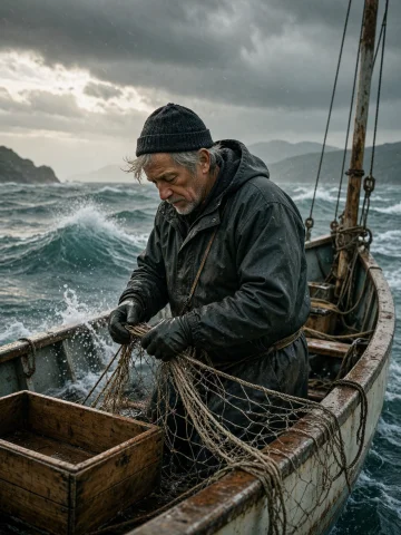 A Dramatic, Realistic Maritime Scene Shows An Elderly Fisher... — Stable Diffusion AI Prompt: A dramatic, realistic maritime scene shows an elderly fisherman working inside a...