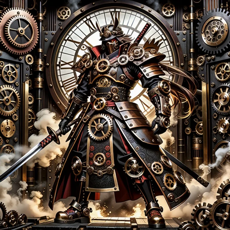 Full Body View Of A Steampunk Samurai Warrior Clad In Ornate...