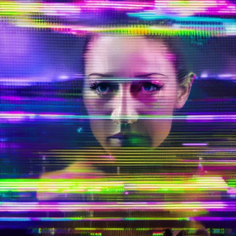 Glitch Close-up Portrait Of A Happy Woman — Stable Diffusion AI Prompt: glitch close-up portrait of a happy woman