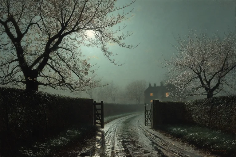 John Atkinson Grimshaw Style, Spring Night Orchard Lane With...