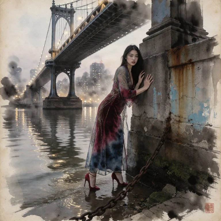A Girl Of Red Robes Walks Where Rivers Meet Sky   Between St...