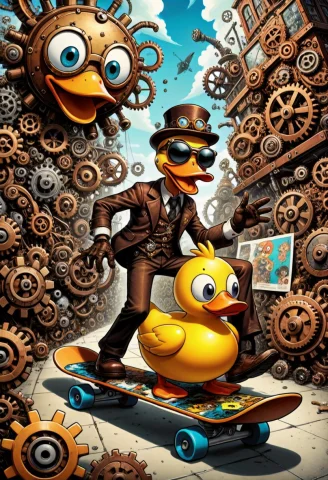 Gears, Comic Style, Steampunk Stylish Duck, With A Highly Su... — SDXL AI Prompt: gears, comic style, Steampunk stylish duck, with a highly surprised face, wide-e...