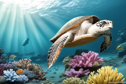 Animal Planet National Geographic Sea Turtle Lit Underwater... — Stable Diffusion AI Prompt: [animal planet national geographic sea turtle lit underwater caustics octane, pr...