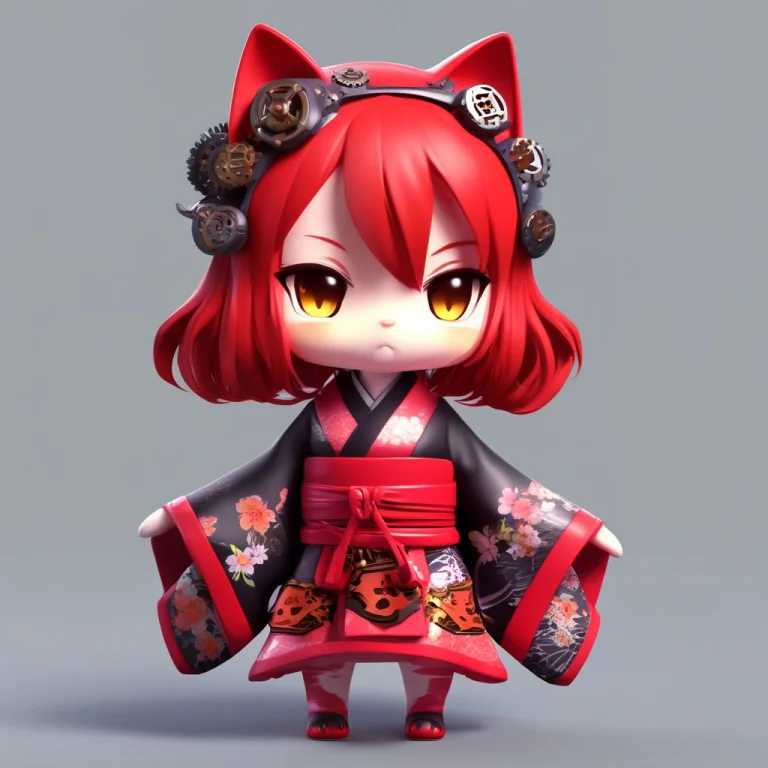 A 3d Chibi Anime Red Hair Cat Girl Wear Gear Kimono Made Of...