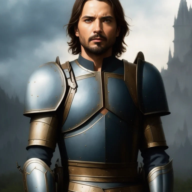 Man In Medieval Armor In Front Of A Church, Protogemb Style