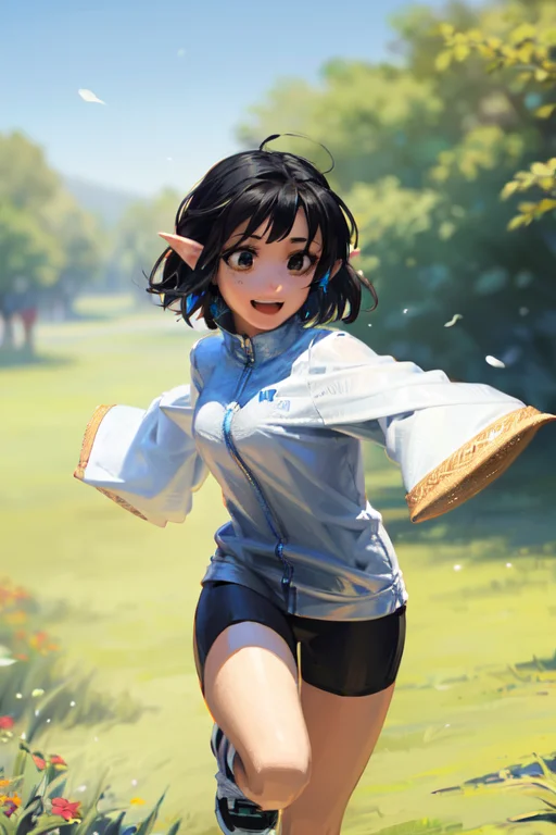 1girl, Running, Black Hair, Outdoors, Pointy Ears, Smile, Op...