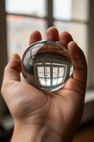 A Crystal Sphere Held In A Palm Reflecting The Room Inverted... — Stable Diffusion AI Prompt: A crystal sphere held in a palm reflecting the room inverted, window light caust...