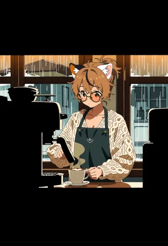 A Cozy Anime Screencap Of An Introverted Calico Cat Girl Wor... — Stable Diffusion AI Prompt: A cozy anime screencap of an introverted calico cat girl working behind the coun...
