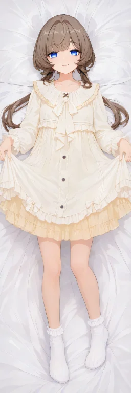 请给图一趴在床上看向后方的女孩，换上图二的衣服，袜子换成白色...