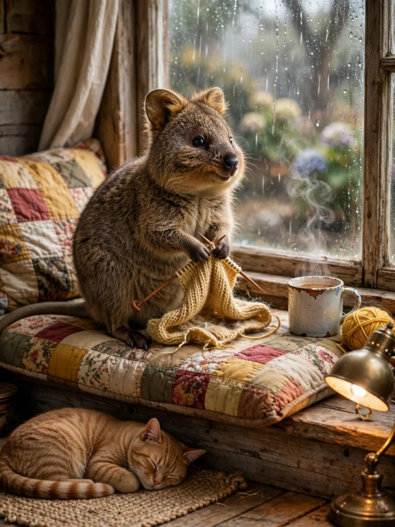 Cozy, Warm-toned Shot Of A Quokka Sitting Upright On A Cushi...