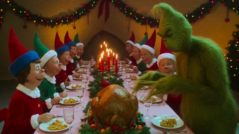 Hwgrnchstl2000, The Grinch Carving The Roast Beast At A Long... — Stable Diffusion AI Prompt: hwgrnchstl2000, the Grinch carving the roast beast at a long festive dinner tabl...