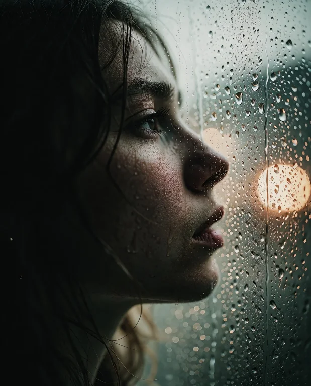 Cinematic Close-up Of A Young Woman Standing Alone By A Rain...