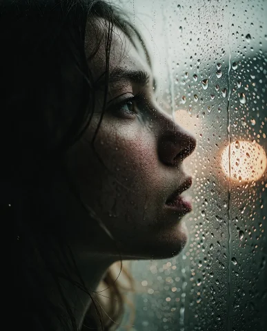 Cinematic Close-up Of A Young Woman Standing Alone By A Rain... — Stable Diffusion AI Prompt: Cinematic close-up of a young woman standing alone by a rain-covered window at n...