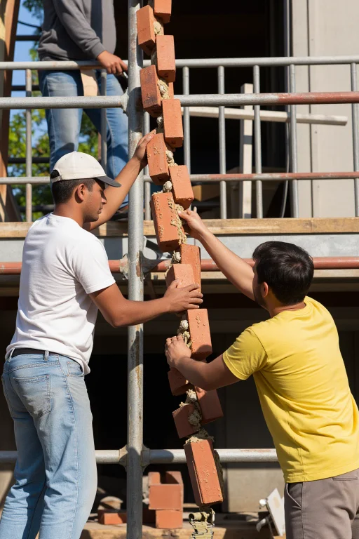Builders Passing Bricks Hand-to-hand Up A Scaffold Chain, Mi...