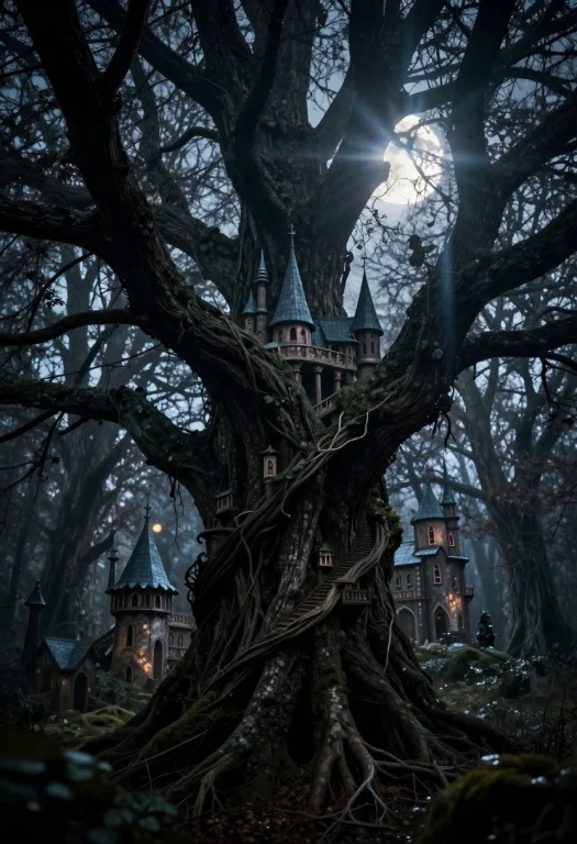 An Elven City Woven Into The Branches Of A Forest, Cold Moon...