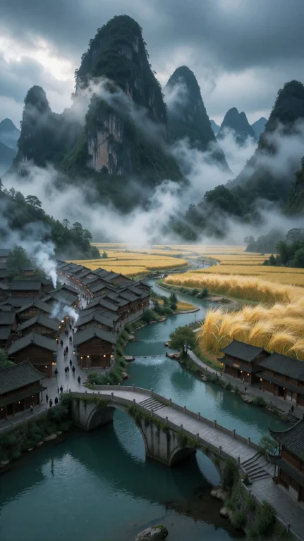 一幅宏大的仙侠世界凡人坊市全局景观概念图。采用从高处俯瞰的半...
