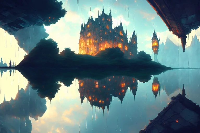 Upside Down Castle In The Rain And Sunlight By Kuvshinov, Sa...