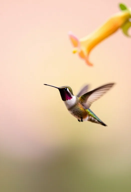 A Hummingbird Hovering At A Trumpet Flower, Warm Ambient Glo...
