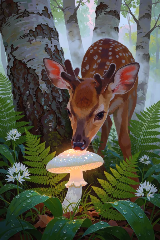 A Baby Deer With Tiny Velvet Antlers Gently Nuzzles A Large...