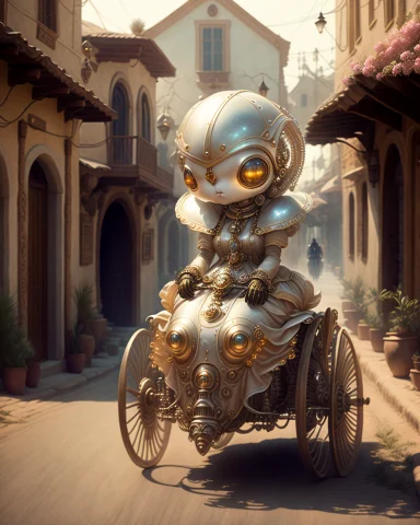 Cute Mechanical-alien Woman On A Chariot In A Western Villag... — Stable Diffusion AI Prompt: cute mechanical-alien woman on a chariot in a western village, in a chariot, old...