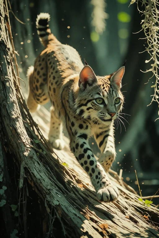 Nature, A Bobcat Sprinting Along A Cypress-strand Board Of D...