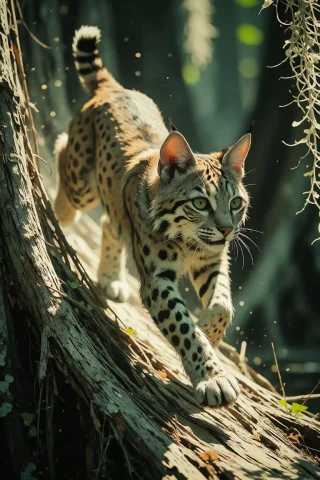 Nature, A Bobcat Sprinting Along A Cypress-strand Board Of D... — Stable Diffusion AI Prompt: nature, A bobcat sprinting along a cypress-strand board of dry hammock, entire c...
