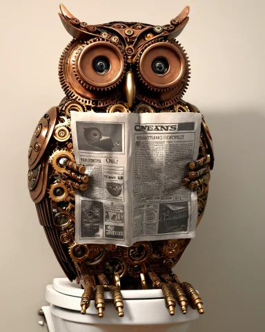 A Clockwork Owl Made Of Brass Gears, Sitting On A Toilet1.3,... — SDXL AI Prompt: a clockwork owl made of brass gears, (sitting on a toilet:1.3), (reading a newsp...
