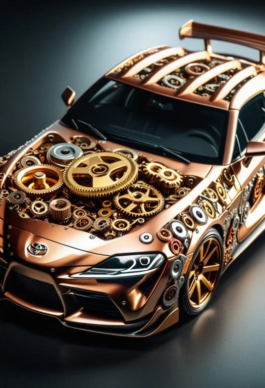 A Toyota Supra Made Out Of Gears, Bronze, Gold Silver With...