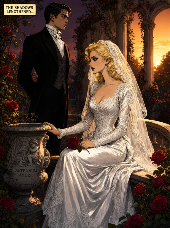 A Vintage Comic-style Wedding Scene Set In An Elegant Garden...