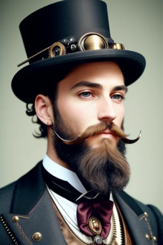 Close Up, Gentelman In The Hat With Beard, Victorian Era, St... — Stable Diffusion AI Prompt: close up, gentelman in the hat with beard, victorian era, ((steampunk)), cinemat...