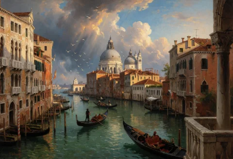 Romanticist Oil Painting, Venetian Grand Canal Cityscape, So... — Stable Diffusion AI Prompt: Romanticist oil painting, Venetian Grand Canal cityscape, soaring dome of Santa...