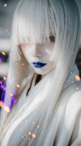 A Pale-skinned Woman With Long, Pristine White Hair And Blun... — Stable Diffusion AI Prompt: A pale-skinned woman with long, pristine white hair and blunt bangs that complet...