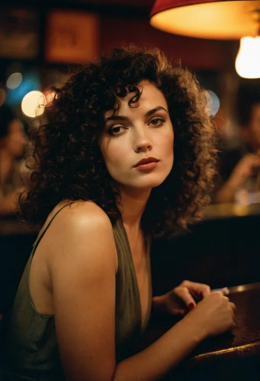 Raw Photo, Close Portrait Of A Woman With Dark Curly Hair In...