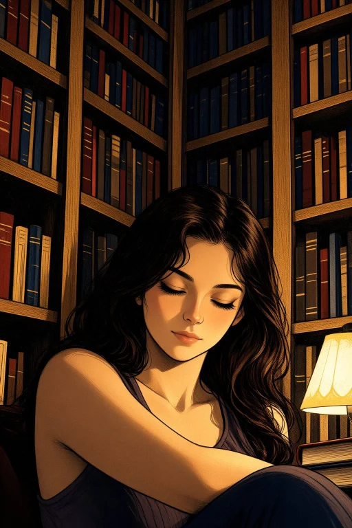 Woman Closeup, A Woman Sitting In A Cozy Library Corner, Sur...