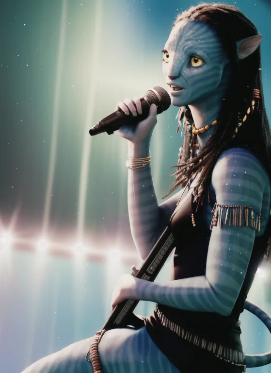 Neytiriblueskinbabe, 1girl, Tail, Black Dress, Happy, Singer...